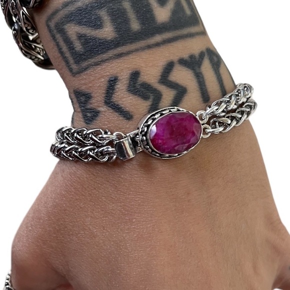 Genuine pink indian ruby gemstone stainless steel double chain boho bracelet - Picture 3 of 15